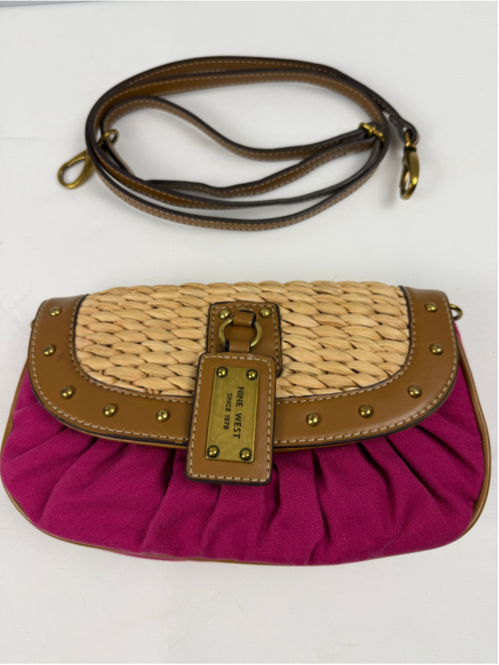 Nine West Clutch Crossbody Bag Woven Cornhusk Pink and beige